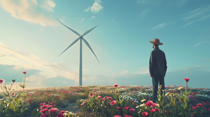 Contemplating Progress: A Solo Observer Marvels at Clean Energy Windmills in Nature's Embrace