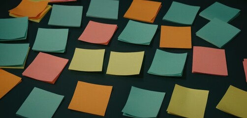  a pile of colored sticky notes sitting on top of a table next to a cup of coffee on top of a wooden table next to a pile of yellow and green and orange sticky notes.