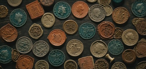  a group of different colored coins sitting on top of a wooden table next to a pile of other coins on top of a wooden table next to each other coin.