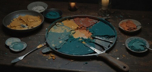  a pan filled with different colors of paint next to a knife and a bowl with spoons next to it and a candle on a table with other bowls and utensils.