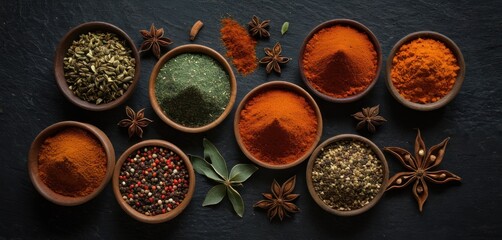  a group of bowls filled with different types of spices on top of a black table next to an orange, red, green, and black peppercoron spice.