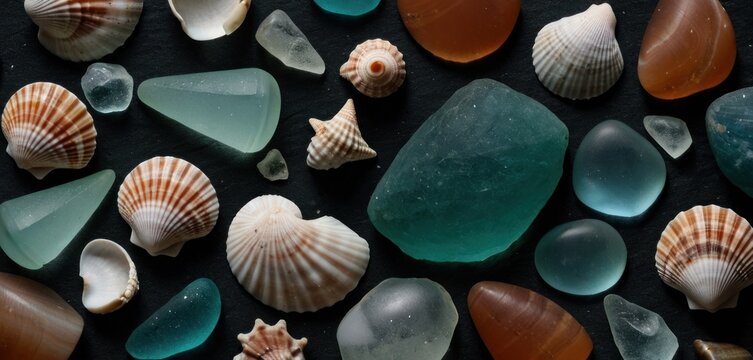  a collection of sea glass and seashells on a black surface, including a starfish, a sea urchin, and a heart shaped sea urchin.