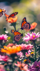 Butterflies with intricate patterns on vibrant flowers, natural background