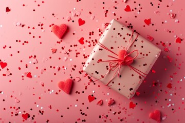 Close up pink gift on pastel pink background among heart-shaped confetti. Valentine's day, romance, love, wedding anniversary concept with copy space.
