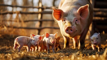 Sow with piglets in farm Generative AI