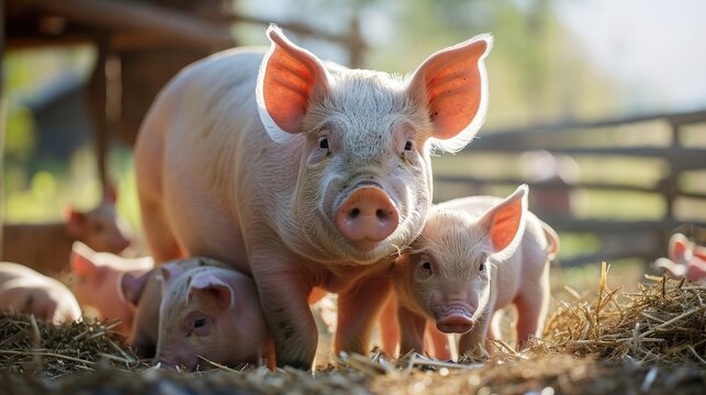 Sow with piglets in farm Generative AI