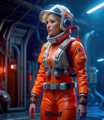A woman astronaut in orange space suit in spaceship space station. Futuristic, sci-fi, fantasy concept.AI generated
