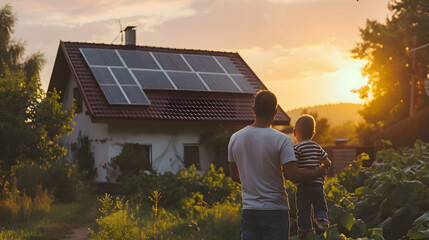 Family Bonding: Dad and Kid Delight in Eco-Friendly Home amid Lush Landscape