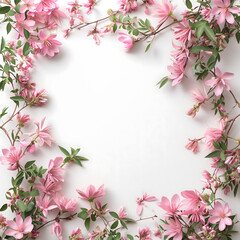 Spring and Summer seasonal flowers frame with copy-space for text for social media advertisement post. Beautiful realistic pink floral frame with petal in warm color tone on white background.