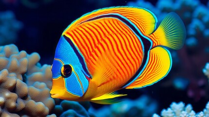 Naklejka na ściany i meble Tropical fish. Closeup of a colorful tropical fish swimming in a coral reef. One yellow reef fish near on background of a coral reef. AI generated image of a bright reef fish swimming in the ocean.