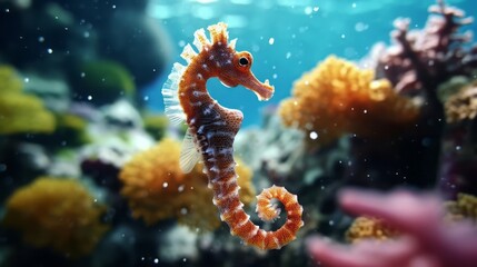 Seahorse. Beautiful seahorse swimming in a coral reef. Closeup of a brown striped seahorse near a colorful coral reef. AI generated image of a bright seahorse fish swimming in the ocean. - obrazy, fototapety, plakaty