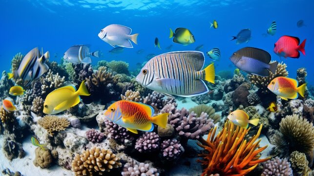 Colorful tropical coral reef with fish. Beautiful coral reef with colorful tropical fish. Beautiful bright reef fish swimming in azure water by a big coral reef. Underwater world of corals in sunlight