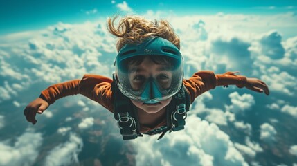 Skydiving is a wonderful activity for a young boy and he is having fun by sky diving, space, Generative AI.