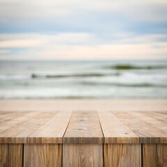 empty wooden table for product showcasing and presentation, Blurred beach area, beach background, sea background, with bokeh background Generative AI