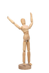 Wooden figure of a man isolated on white background. Wooden mannequin raising hands. Happiness concept.