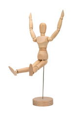  Wooden figure of a man isolated on white background. Wooden mannequin raising hands. Happiness concept.