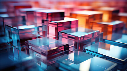 3D abstract background of reflective blue and pink glass cubes with copy space