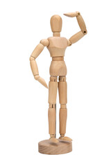 Wooden figure of a man isolated on white background. Wooden mannequin looking forward posing.