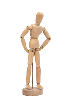 Wooden figure of a man isolated on white background. Wooden mannequin posing.