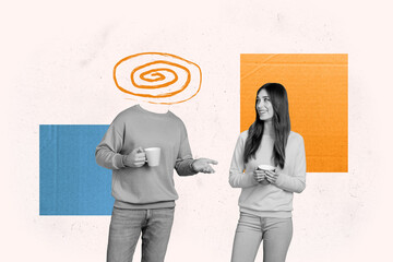 Collage creative poster black white filter two excited happy colleagues take break drink coffee tea...