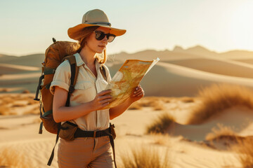 A  female explorer dressed in light brown linen shirt, khaki pants, a wide-brimmed hat, and...