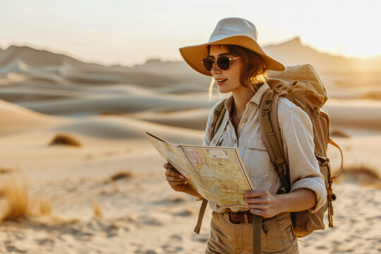 A  female explorer dressed in light brown linen shirt, khaki pants, a wide-brimmed hat, and sunglasses, walking in a vast desert landscape with rolling dunes.  looks at a map, 