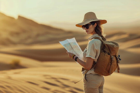 A  female explorer dressed in light brown linen shirt, khaki pants, a wide-brimmed hat, and sunglasses, walking in a vast desert landscape with rolling dunes.  looks at a map, 