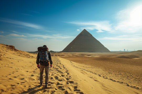 A male explorer walking in a vast desert landscape with rolling dunes. with great Pyramid from afar