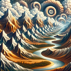 background with a recursive fractal structure of mountains and a valley