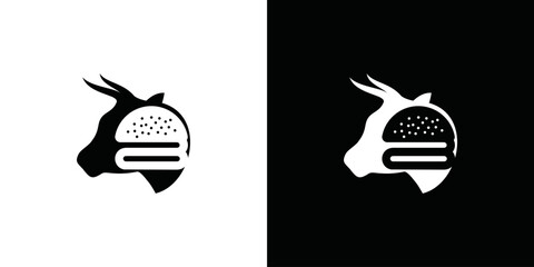 Flat logo combination of cow head with burger, logo combination for burger. design for burger shop, burger maker and burger sales - obrazy, fototapety, plakaty