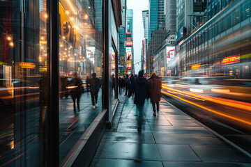 Obraz premium Blurry image capturing a group of people in motion on a city sidewalk during the early morning hours.
