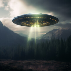luminous unidentified flying object hovering in the air above the ground against the background of a gloomy dark sky, UFO
