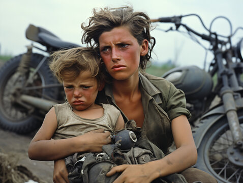 Madre cuidando de su hijo en la guerra con explosiones y destrucción a su alrededor 