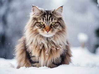 Naklejka na ściany i meble Winter Day Cat: Gray Fluffy Feline in Snow