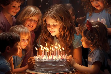A child blowing out candles on a cake, eyes closed tightly and surrounded by loved ones cheering.