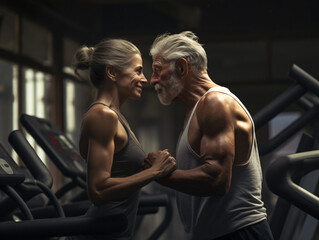 Pareja de abuelos teniendo estilo de vida activo y saludable, haciendo deporte en el gimnasio