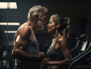 Fototapeta na wymiar Pareja de abuelos teniendo estilo de vida activo y saludable, haciendo deporte en el gimnasio