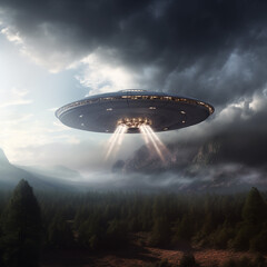 luminous unidentified flying object hovering in the air above the ground against the background of a gloomy dark sky, UFO