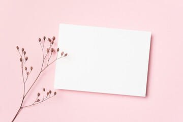 Wedding invitation or greeting card mockup, blank mockup with copy space on pink background