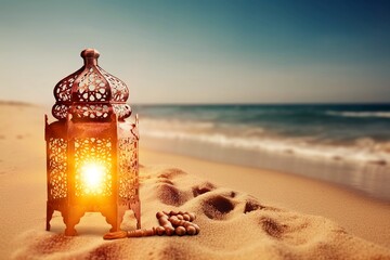 Ornamental beautiful Arabic lantern with candle glowing