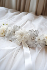 White bridal garter on a bed