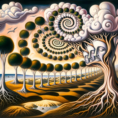 A surrealistic painting in the style of Salvador Dali, exploring the concept of recursion with the absence of spirals. 