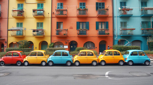 Brightly colored cars parked on the street ,generative ai. © Krisana