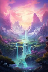 Fantasy landscape with waterfalls and mountains. Digital painting.