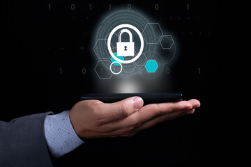 Digital Security Unlocked: Person Holds Smartphone with Holographic Padlock