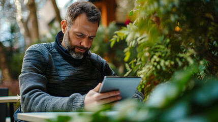 Urban Oasis: Tablet User in a Green Cafe