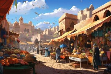 oriental market with many people. digital painting.