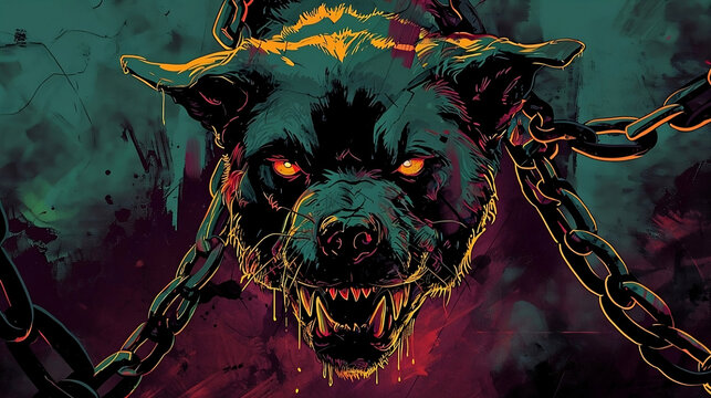 Intense Illustration of Cerberus, the Mythical Three-Headed Dog - Perfect for Fantasy-Themed Projects, Concept of Power and Restraint