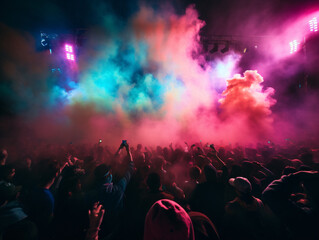 Fototapeta na wymiar Fiesta de electrónica con Dj y gente bailando y disfrutando de la música con luces, humo y polvo de colores