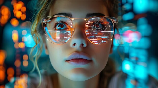 Close-up of young woman wearing glasses surfing an interactive virtual world and reflection of digital screen in glasses generative ai